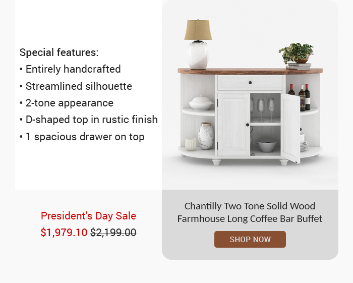 Special features: « Entirely handcrafted « Streamlined silhouette + 2-tone appearance « D-shaped top in rustic finish « 1 spacious drawer on top . | Chantilly Two Tone Solid Wood President's Day Sale Farmhouse Long Coffee Bar Buffet 