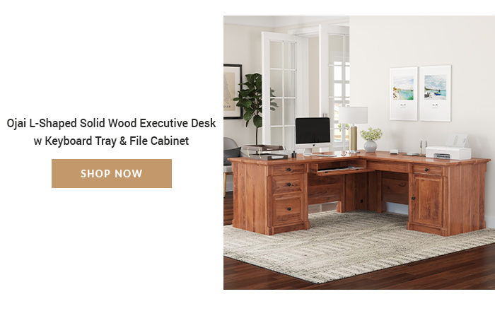 Ojai L-Shaped Solid Wood Executive Desk w Keyboard Tray & File Cabinet