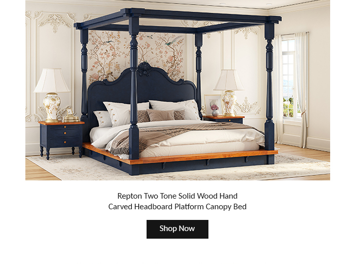  Repton Two Tone Solid Wood Hand Carved Headboard Platform Canopy Bed e 