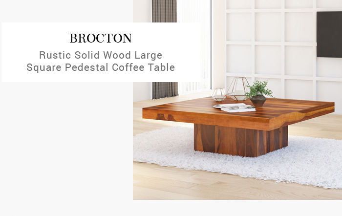 i BROCTON Rustic Solid Wood Large Square Pedestal Coffee Table 